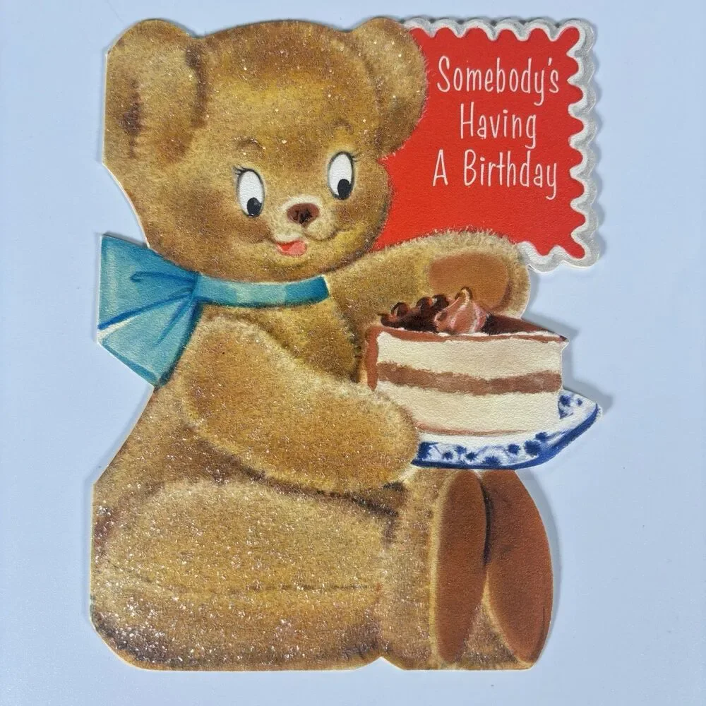 Vintage Hallmark Teddy Bear Birthday Card Die Cut Glitter Cute Anthropomorphic